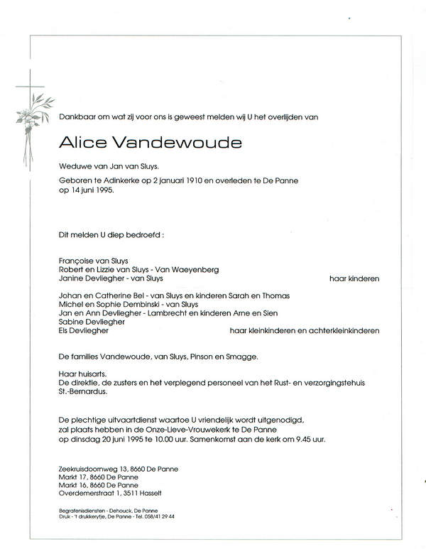 Overlijdensbrief Alice Vandewoude